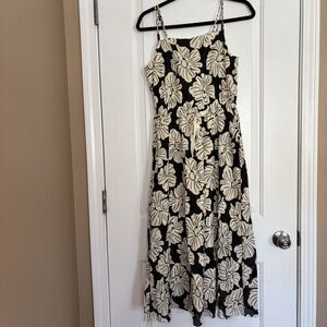 Theory Floral Drawstring Waist Size Petite (P) Black Ivory Midi Dress Classic